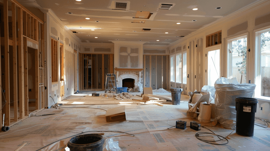 Home interior during construction phase showing exposed studs, subflooring, and materials with natural light