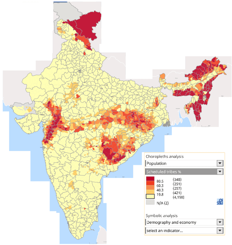 A map of India showing where Indigenous people lived in 2011.