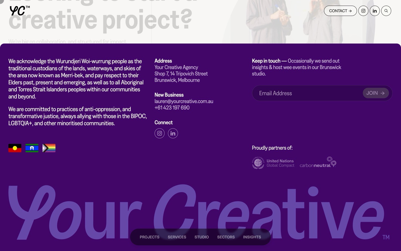Purple footer with text acknowledging Wurundjeri Woi-wurrung people. Contact info, connect icons, and "Proudly partners of" logos shown.