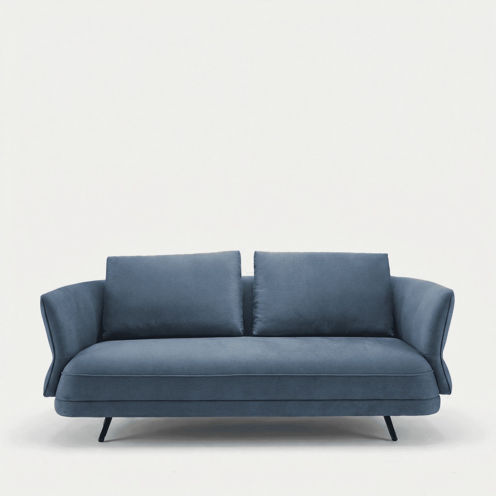Channel-stitched blue fabric seating with rounded arms and tapered wooden legs