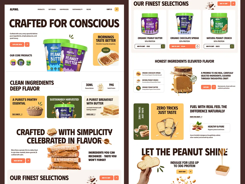 Food ecommerce website layout for Alpino showcasing organic peanut butter and chocolate spread products, clean ingredient messaging, nutritional highlights, and product selection sections.