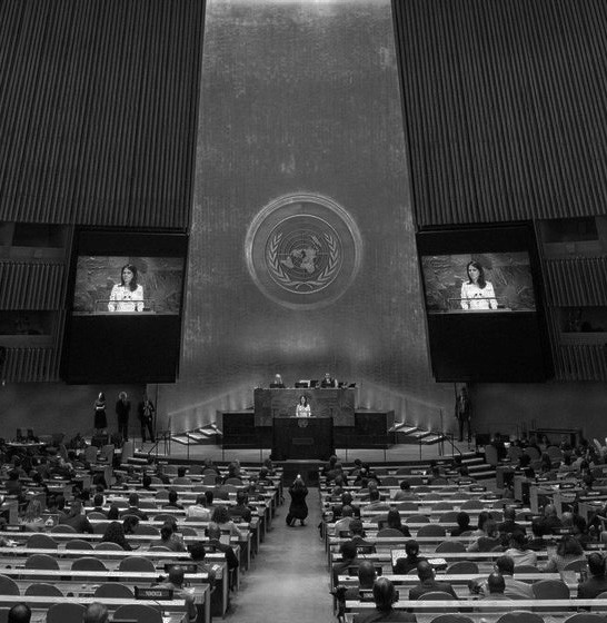 Speaker addressing an audience inside the United Nations General Assembly hall.
