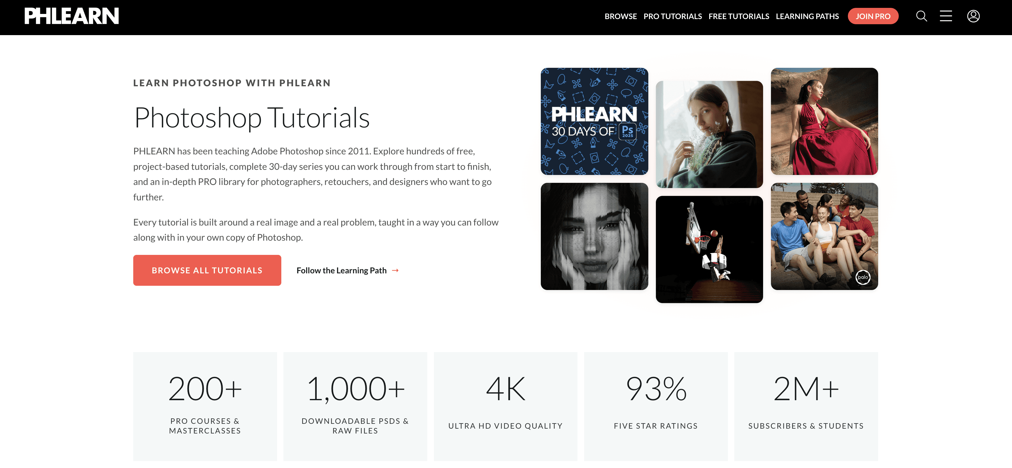 PHLEARN Photoshop tutorials page featuring its 30 Days of Photoshop course and project-based lessons