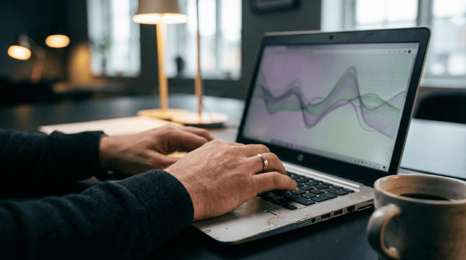 Professional working on a laptop displaying abstract data visualization representing AI-driven brand reputation monitoring