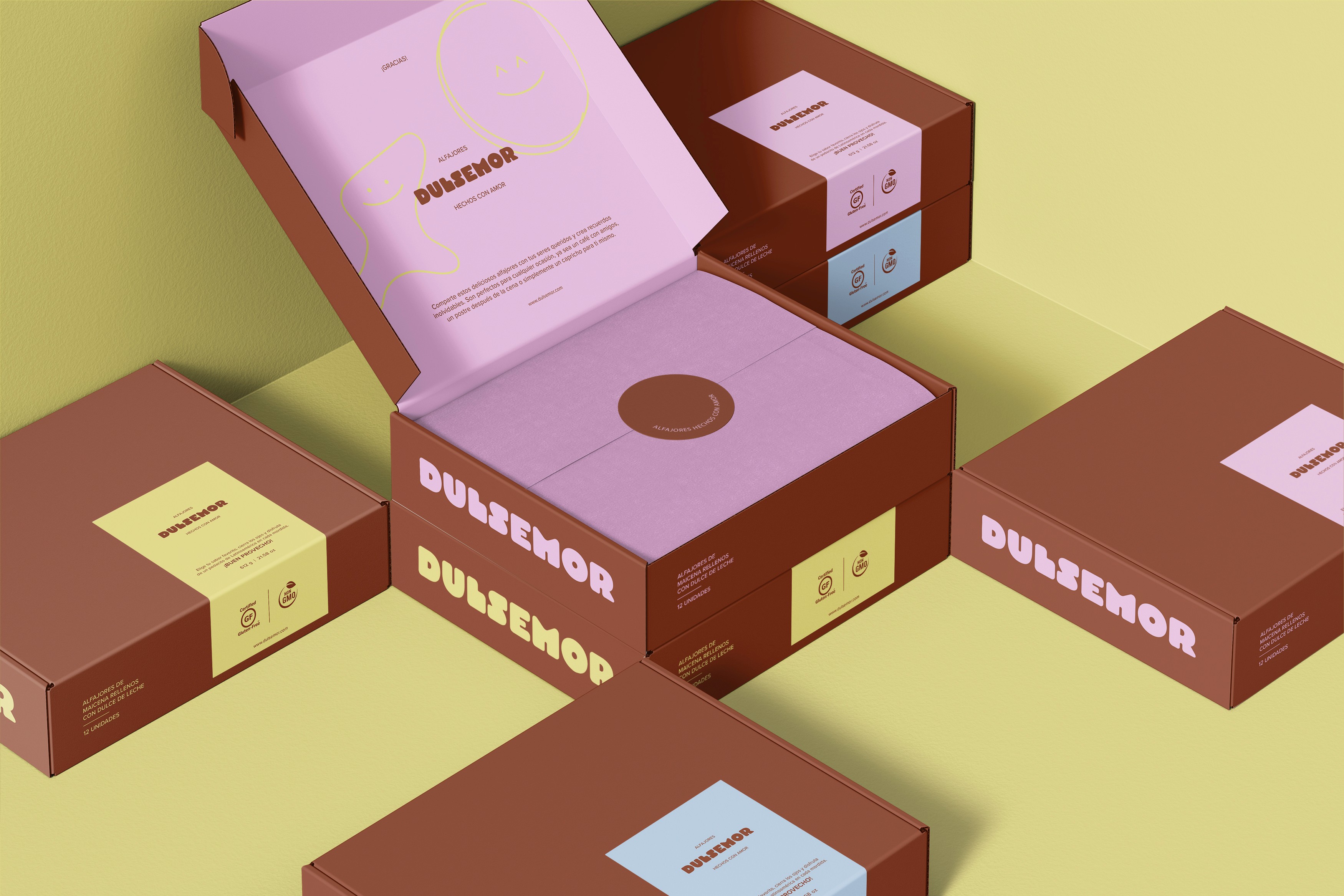 Arrangement of brown DULSEMOR product boxes on a pale yellow background, featuring one open box showing inner pink packaging.