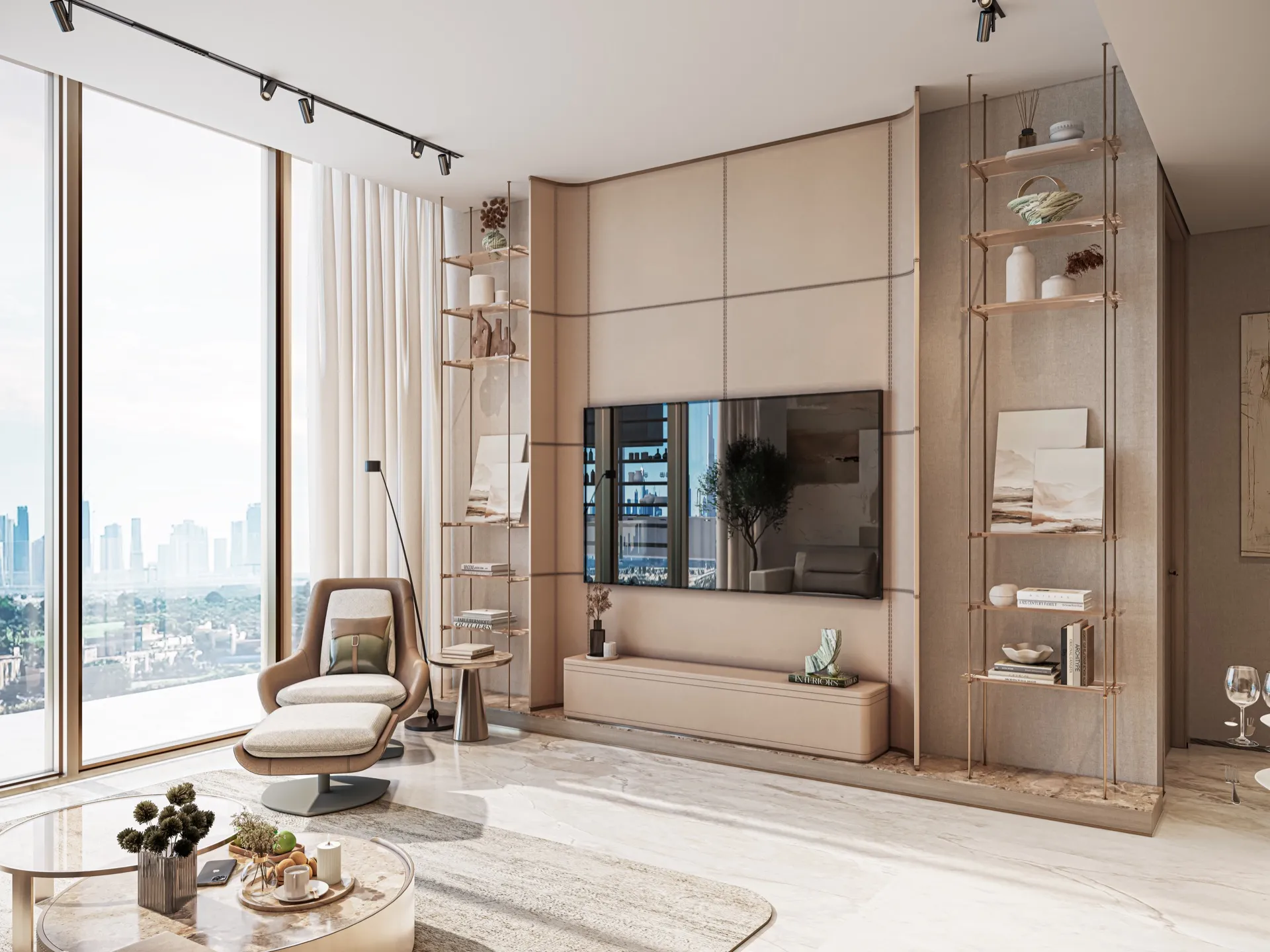 Contemporary Sea Cliff living room with a custom entertainment wall and stunning urban views.