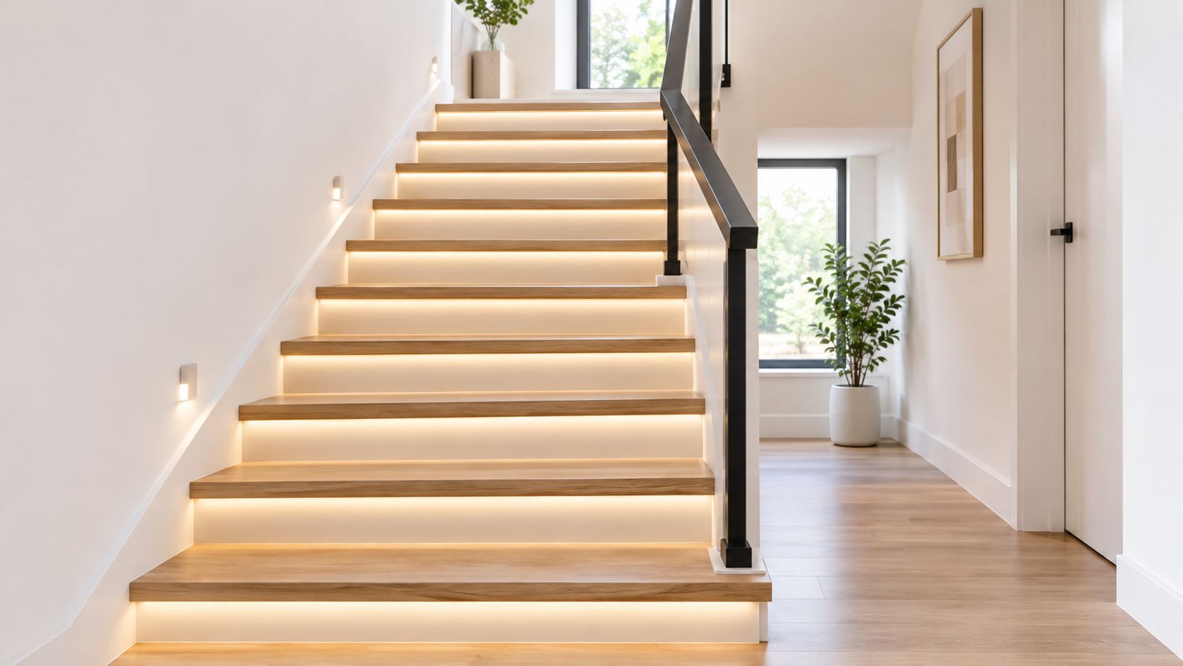 A modern wooden staircase features soft LED under-step lighting, creating a warm and inviting atmosphere indoors.
