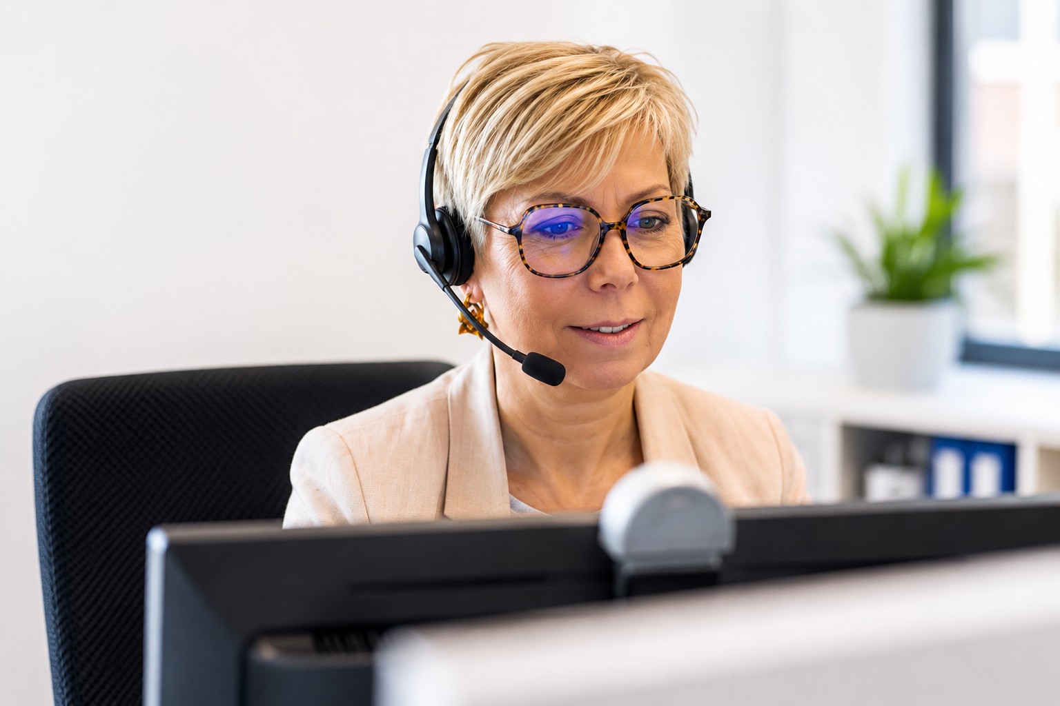 Conseillère du service client avec casque téléphonique et lunettes, souriante devant son écran dans un bureau lumineux