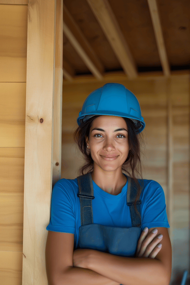 Young woman in a blue hard hat and work overalls, smiling confidently inside a wooden structure. The environment is bright, conveying positivity.