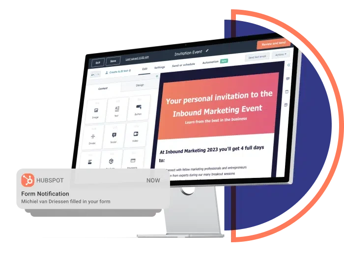 E-Mail-Editor von HubSpot mit einer Event-Einladung und einer Formular-Benachrichtigung