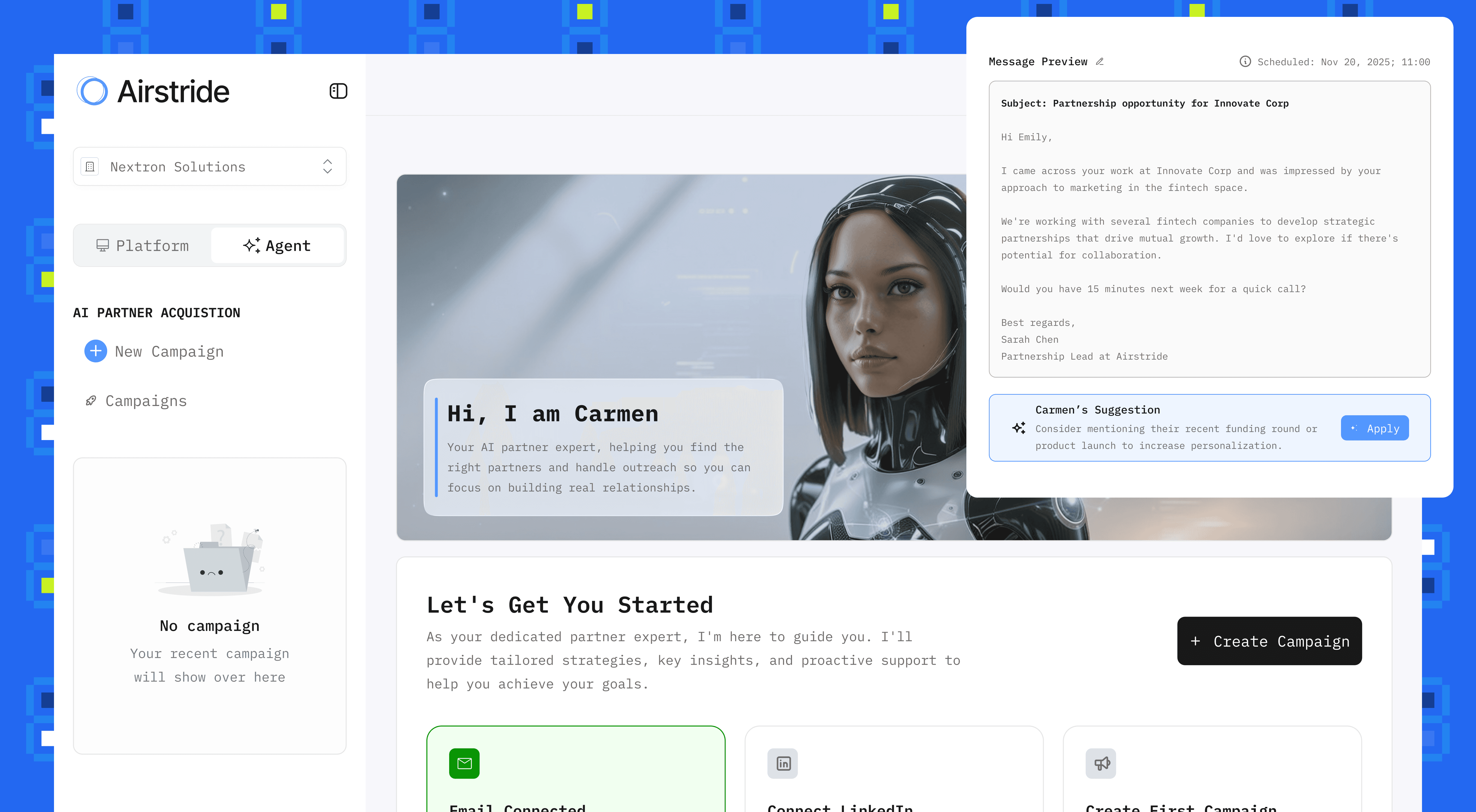 Airstride AI partner management platform dashboard showing automated partner sourcing and deal flow.