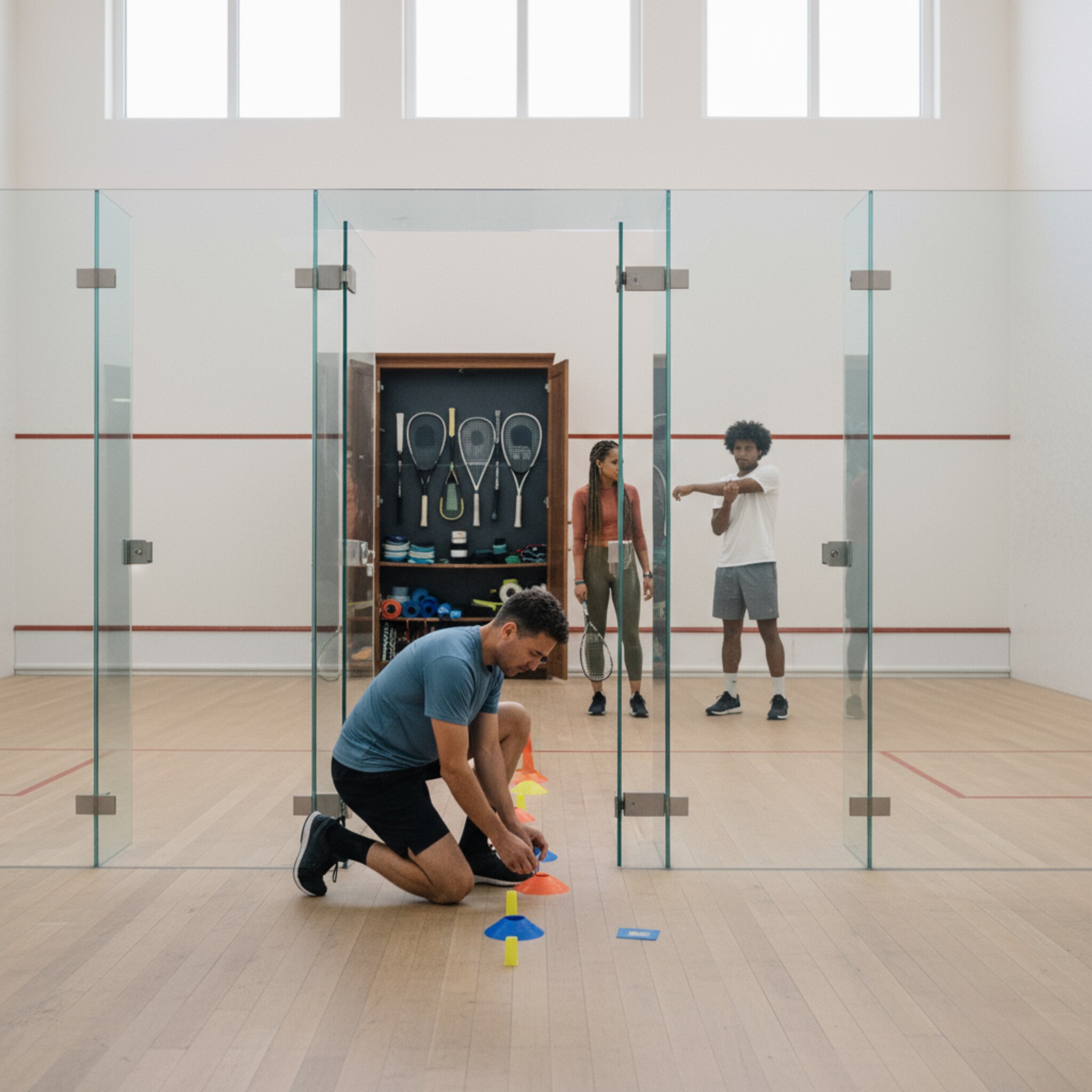 Ein Coach richtet Kegel und Markierungen am Rand des Courts aus, während gleichmäßiges Licht die Spielfläche ausleuchtet. Ein offener Schrank zeigt ordentlich sortierte Schläger und Schutzbrillen. Kurz darauf startet die Einheit, alles wirkt abgestimmt und reibungslos.