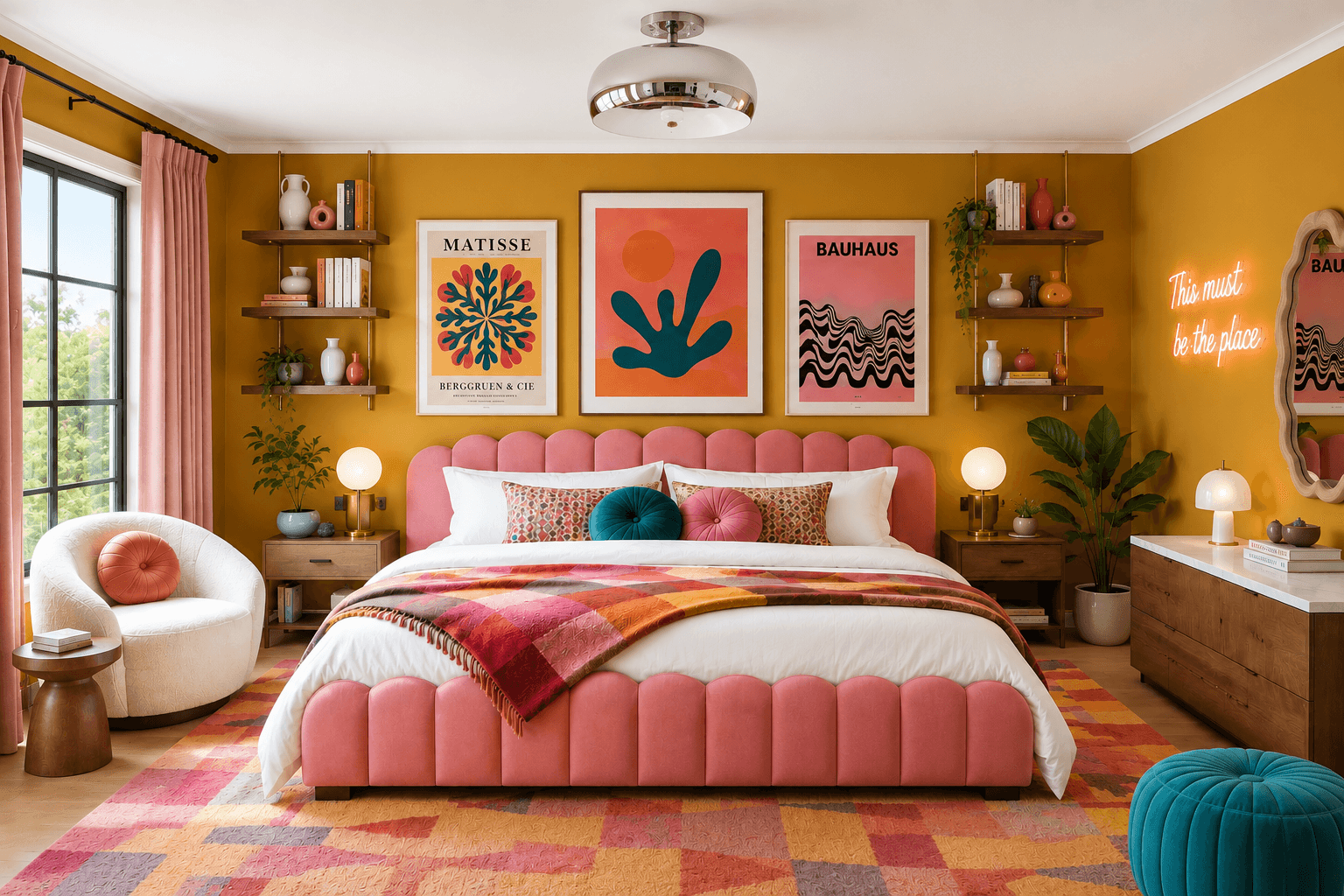 Refined dopamine decor bedroom with mustard yellow walls, a scalloped pink upholstered bed, colorful modern gallery art, chrome semi-flush mount lighting, floating wood shelves, geometric textiles, and playful neon accents. This luxury maximalist bedroom design blends warm coral, terracotta, blush pink, and teal tones with symmetrical styling and bright natural daylight.