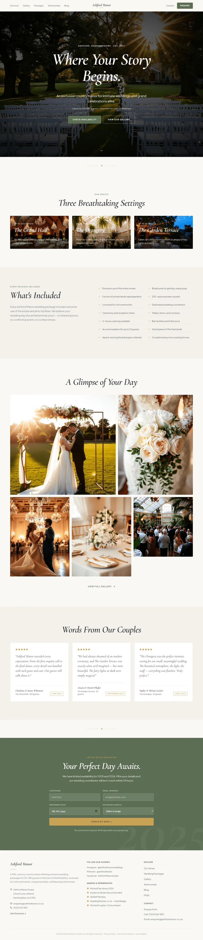 Lovable-generated country estate wedding venue site in warm ivory, sage and gold
