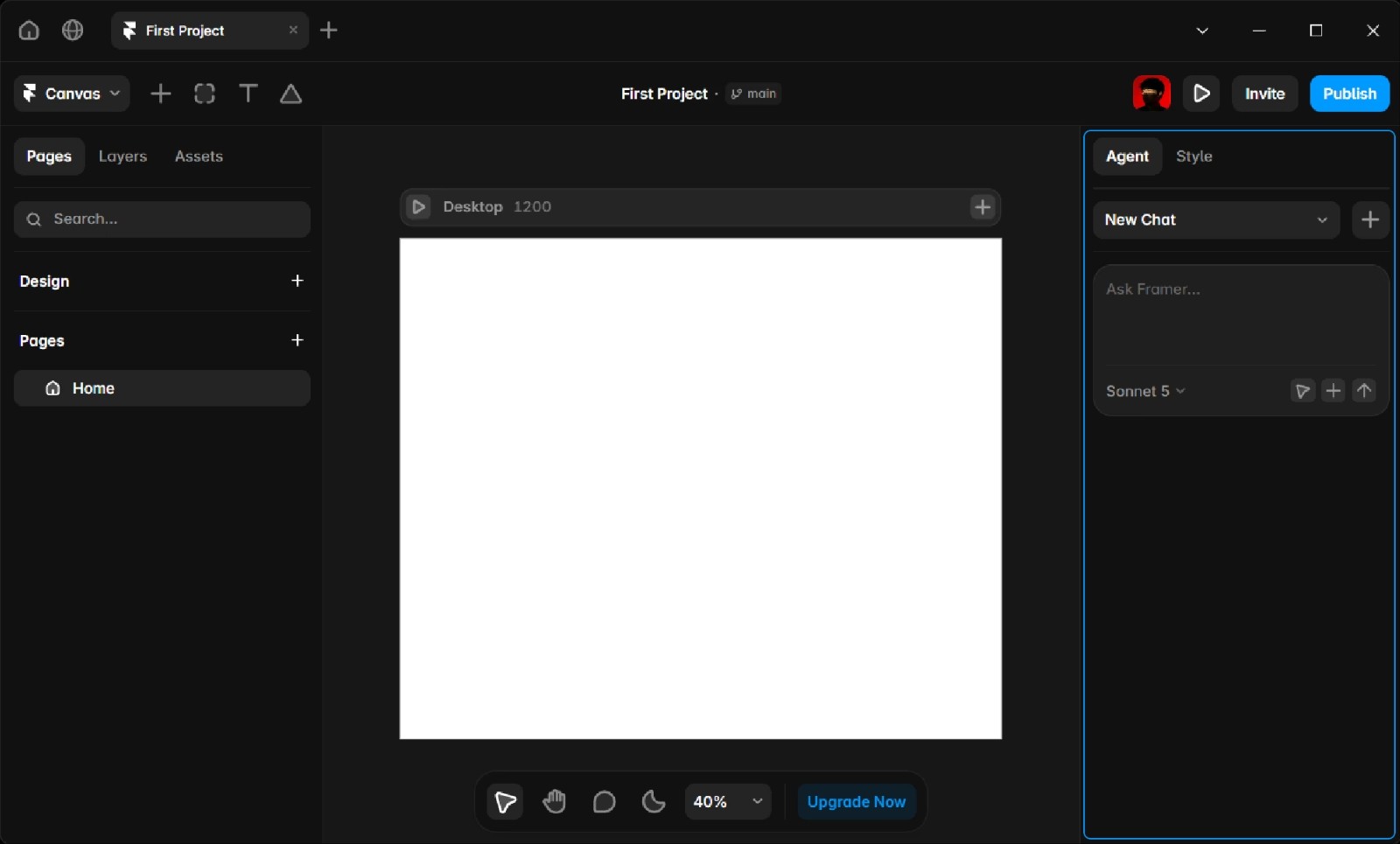 Framer interface with a blue outline highlighting the right inspector panel for styles, properties, and AI tools.