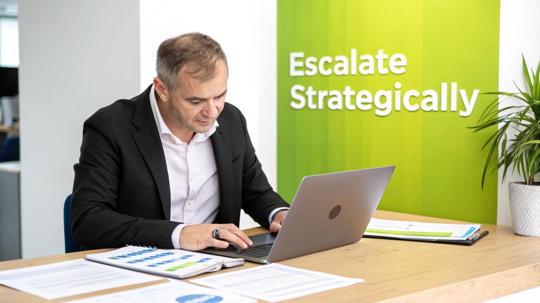 A man in in a suit works intently on a laptop at a wooden desk with business documents.