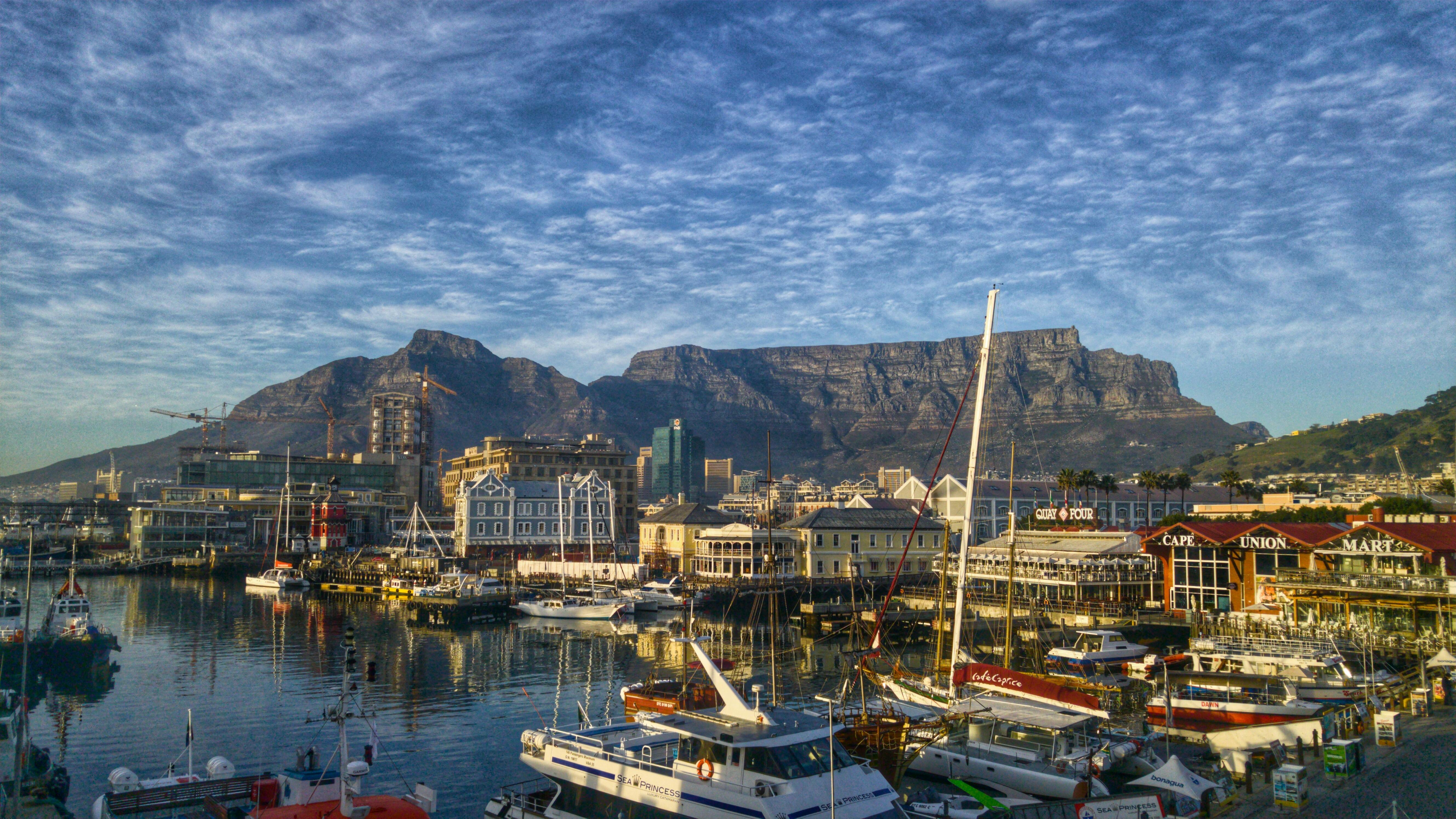 Cape Town's business district with Table Mountain in the distance set against a clear sky