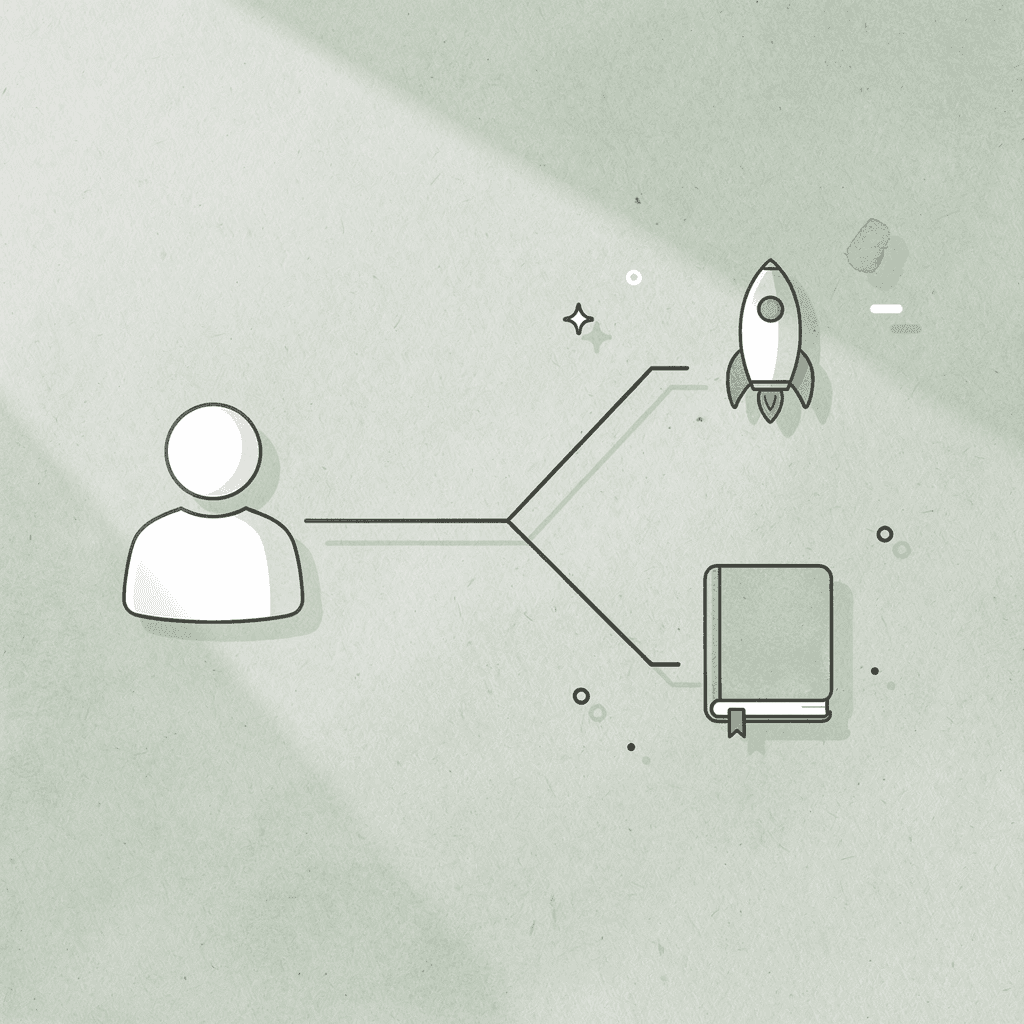 Icon splitting into two outcome paths representing shopper commit or leave decision