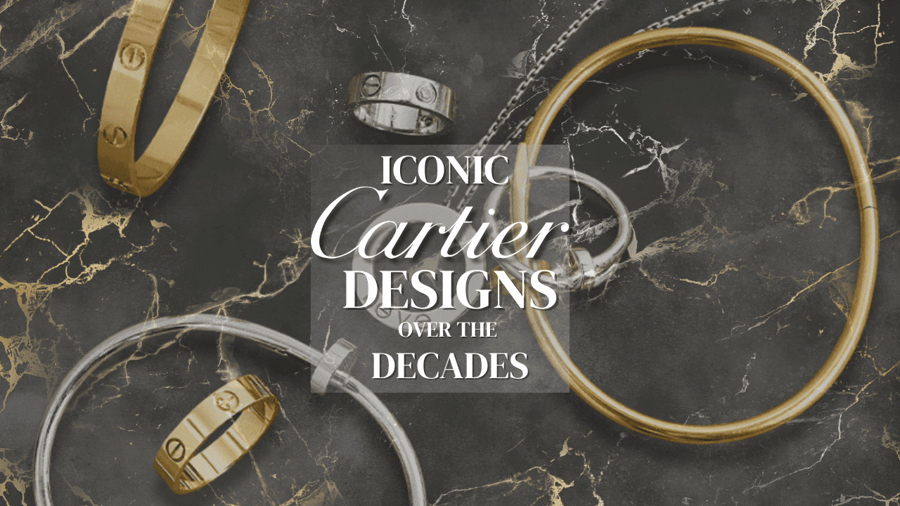 Collection of Cartier luxury, elegant, stylish, classy, sophisticated jewellery in gold, silver, white gold, rose gold and diamonds from collections Love, Juste un Clou and Panthere, against a black and gold marble table exuding luxury and expensive and high end.