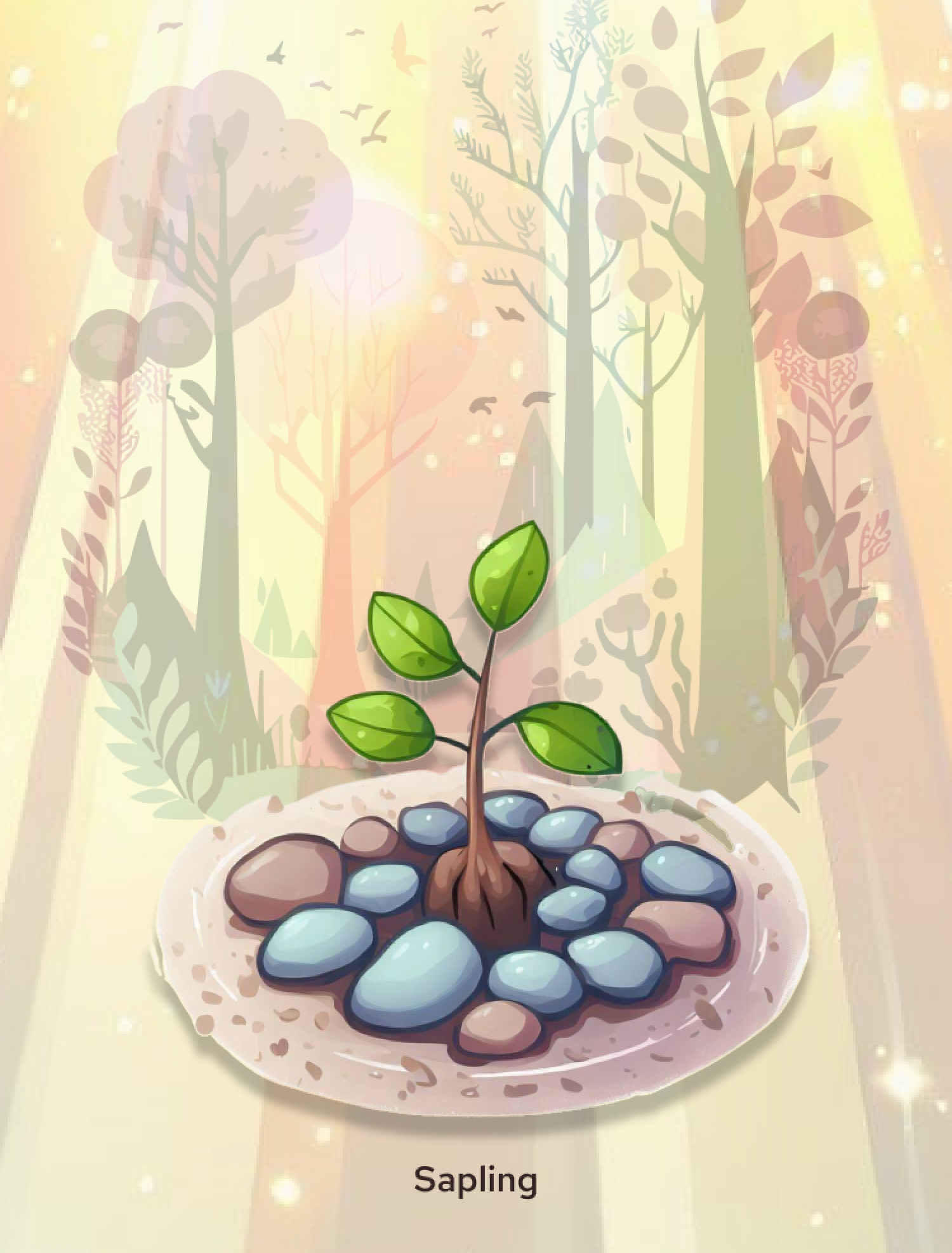 Screen shot from an app design featuring a tiny tree sprouting from the ground, surrounded by a protective circle of stones. There is a forest in the background and a soft yellow ambient light.