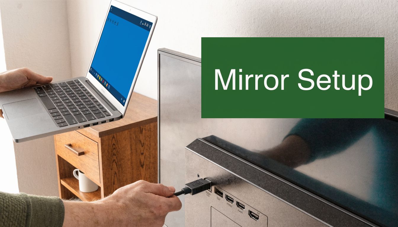 A person connecting an HDMI cable from a laptop to a large computer monitor for screen mirroring.