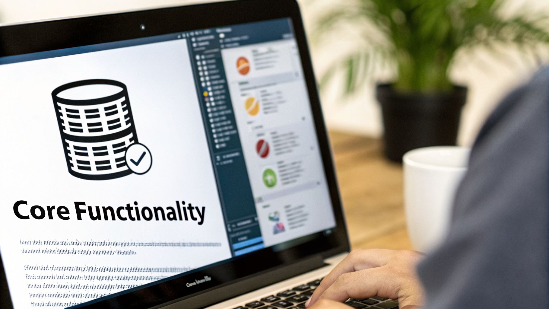 A person types on a laptop screen displaying 'Core Functionality' with a database icon and checkmark.