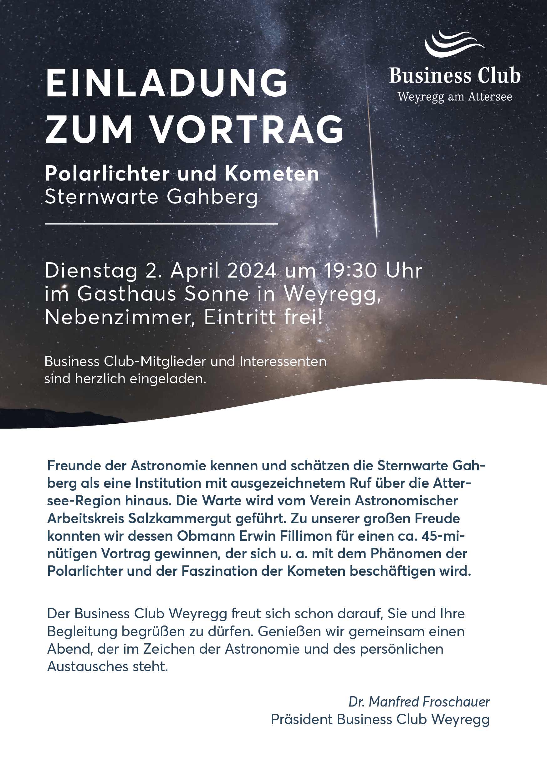 Einladung zum Vortrag: Polarlichter und Kometen in der Sternwarte Gahberg