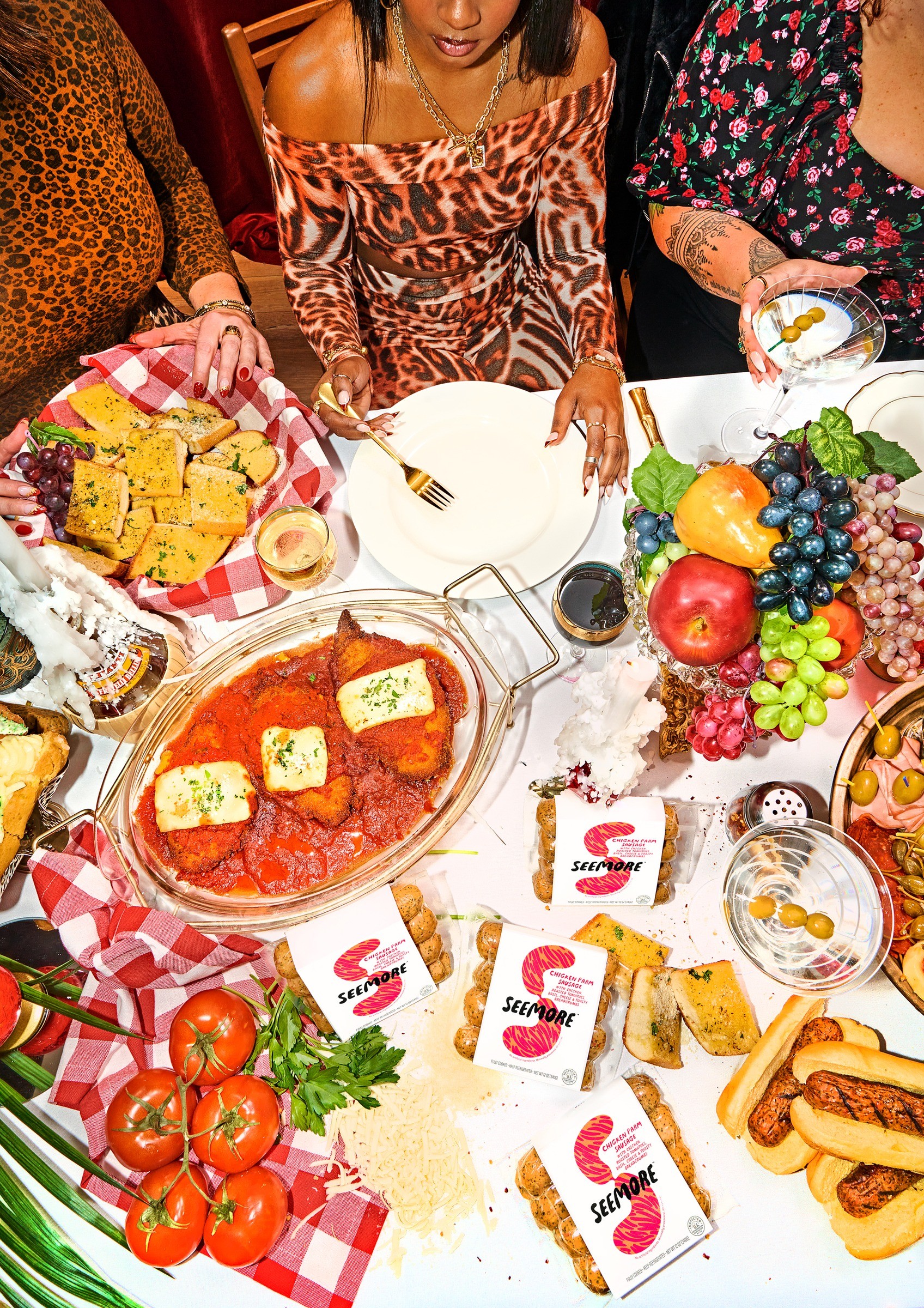 Vertical view across the Chicken Parm dinner table
