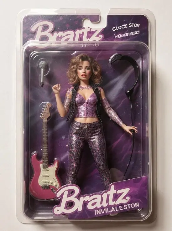 ai bratz doll generator pop singer doll with mic in stage box.