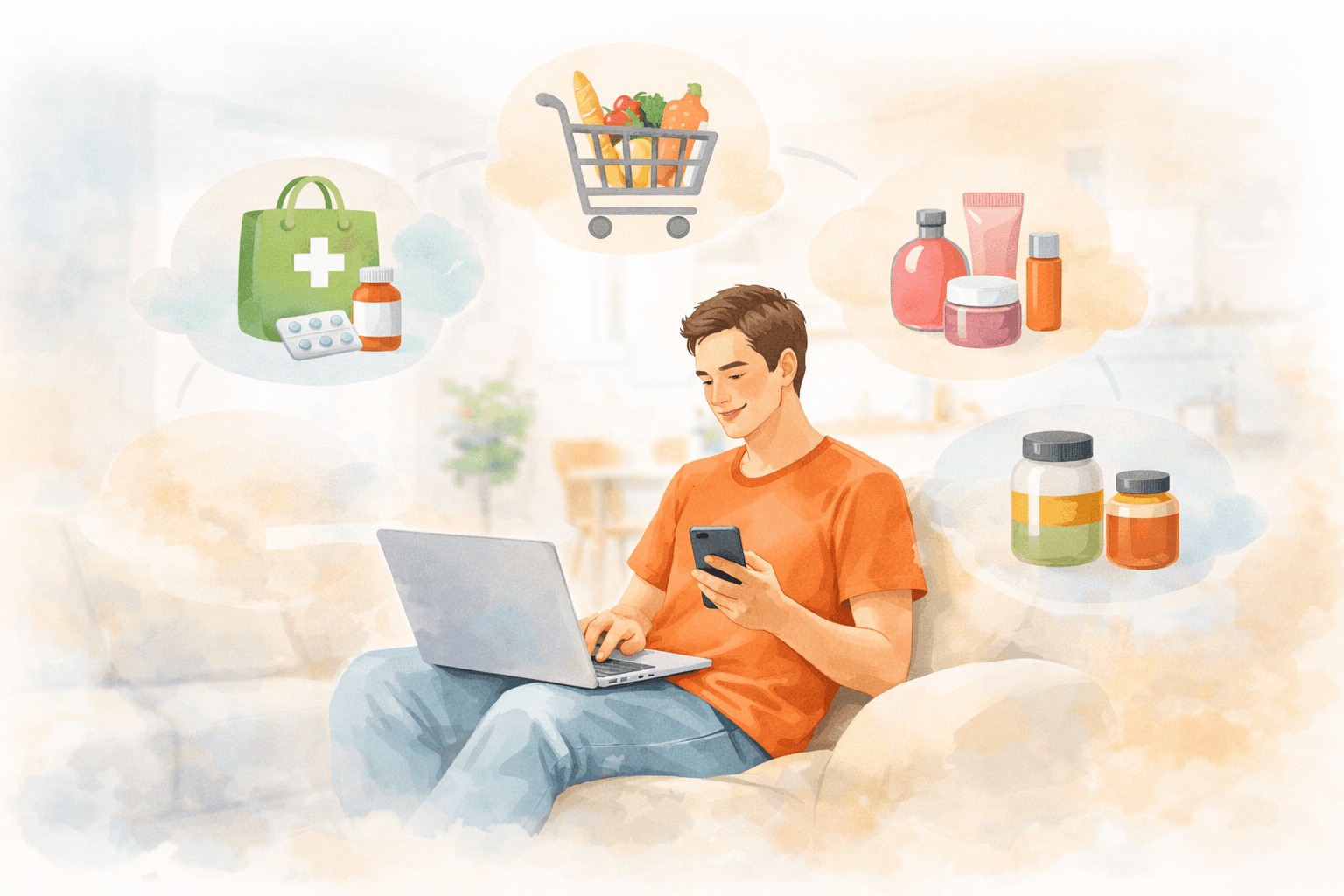 Ilustração em aquarela digital mostrando pessoa usando notebook cercada por ícones de lojas online, representando diversificação de compras para acumular pontos em programas de fidelidade.