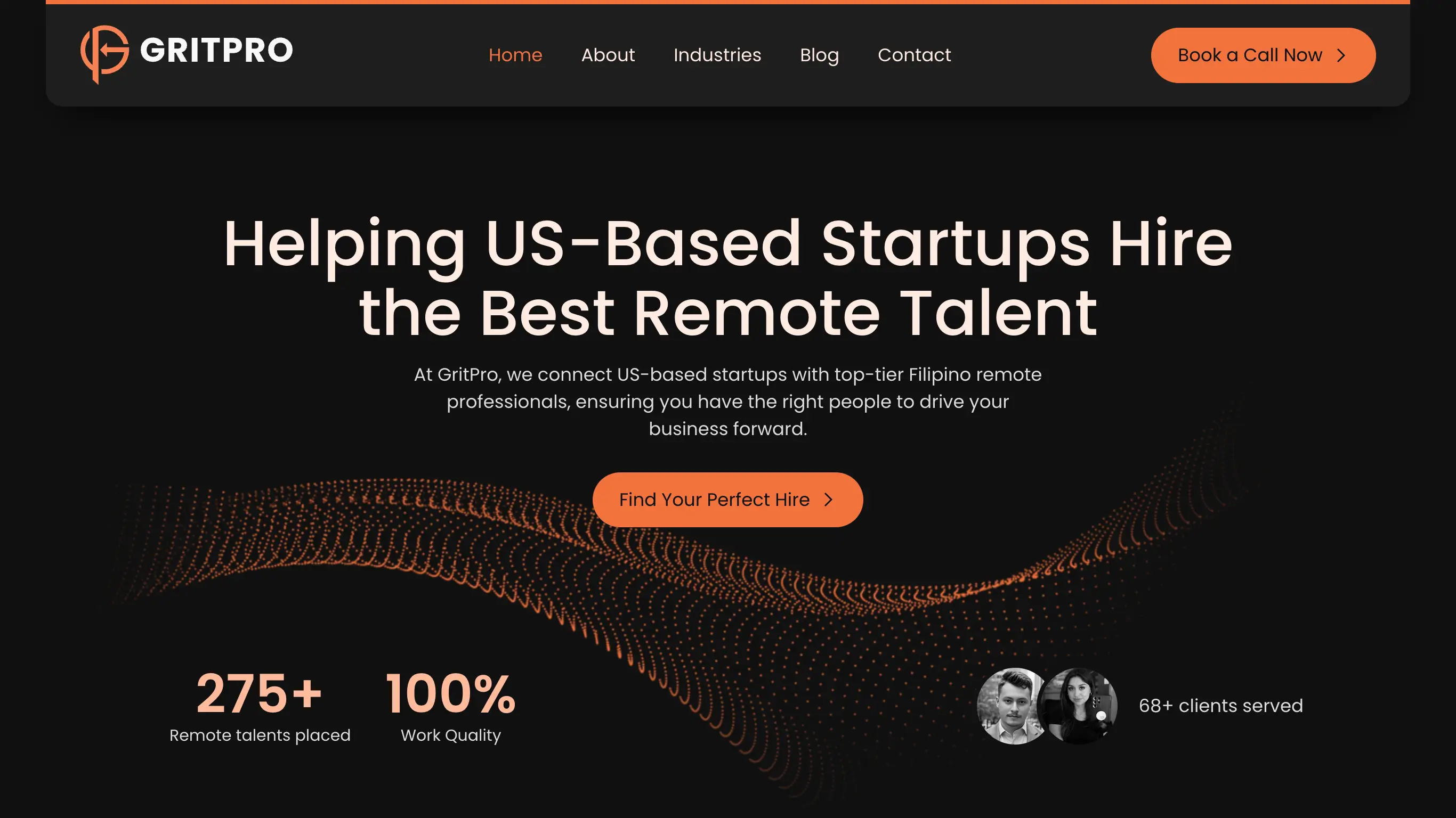 GritPro homepage offering remote talent for US startups, with stats and CTA.