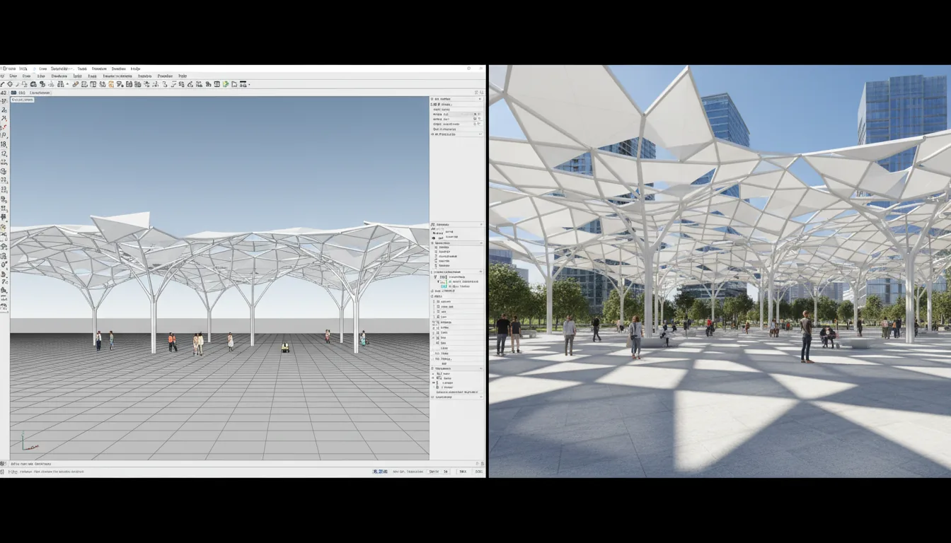 A split-screen view of architectural design software, showing a project in Rhino 3D. The left window displays the CAD software interface in a clean light mode, with toolbars, icons, and menu bars; the main viewport shows a shaded 3D model of a complex geometric park canopy. The right window displays a photorealistic architectural render from Enscape, showing the same park canopy from a ground-level perspective under bright natural daylight, casting strong shadows on the paved ground below, with people walking in a park setting and buildings in the background against a blue sky.