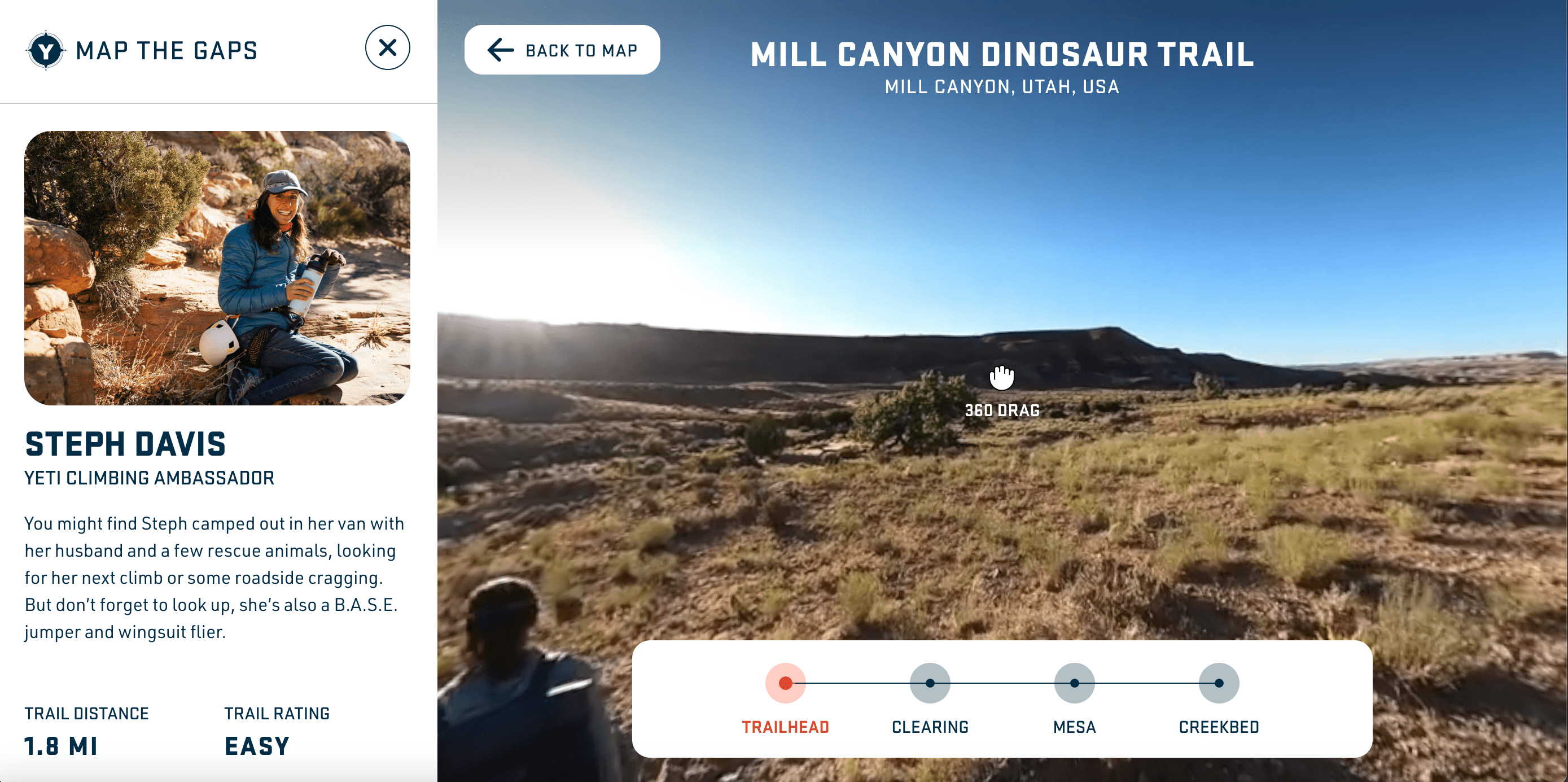 Screenshot of desktop experience. It shows the trail, the name of the person exploring the trail and an interactive viewport that allows users to drag the viewfinder around.