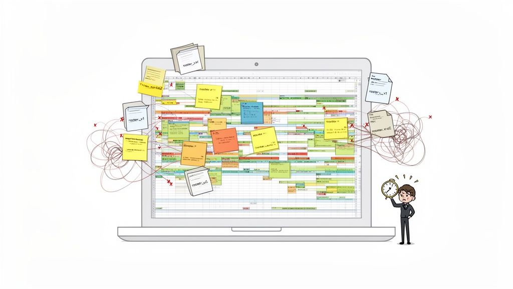 A chaotic work schedule displayed on a laptop screen with many sticky notes and tangled lines, stressing an employee holding a clock.