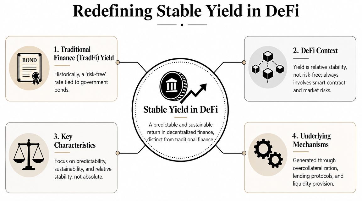An infographic titled Redefining Stable Yield in DeFi, explaining traditional finance, DeFi context, characteristics, and underlying mechanisms.
