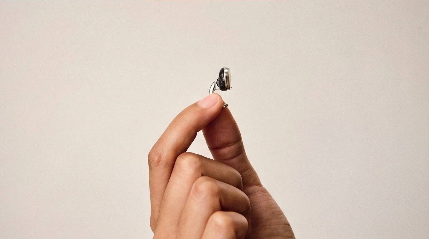 Product close-up of a hand holding a metallic wireless earbud