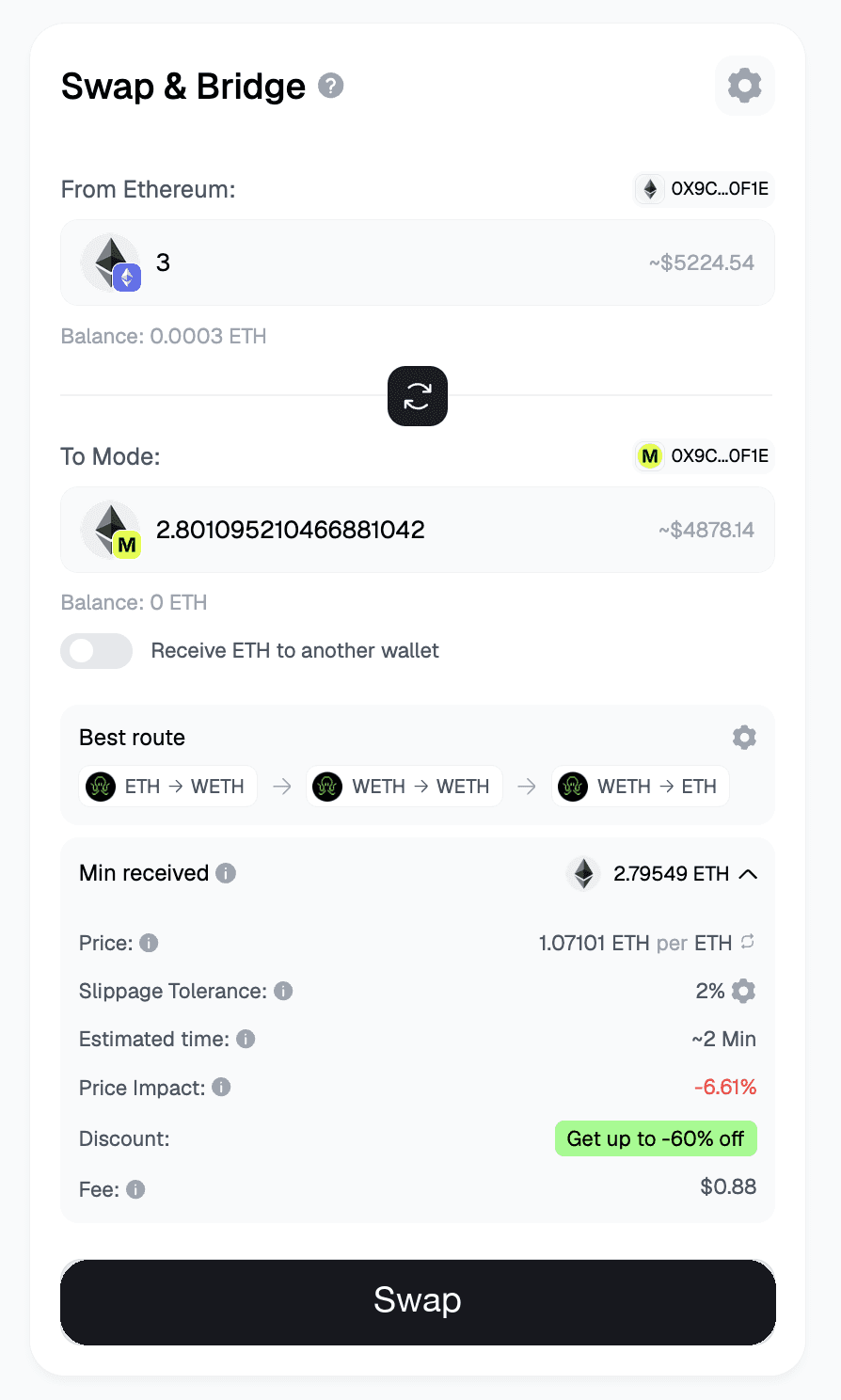 Bridge to Mode — live route: 3 WETH (Ethereum) to 2.8011 ETH (Mode) · Symbiosis