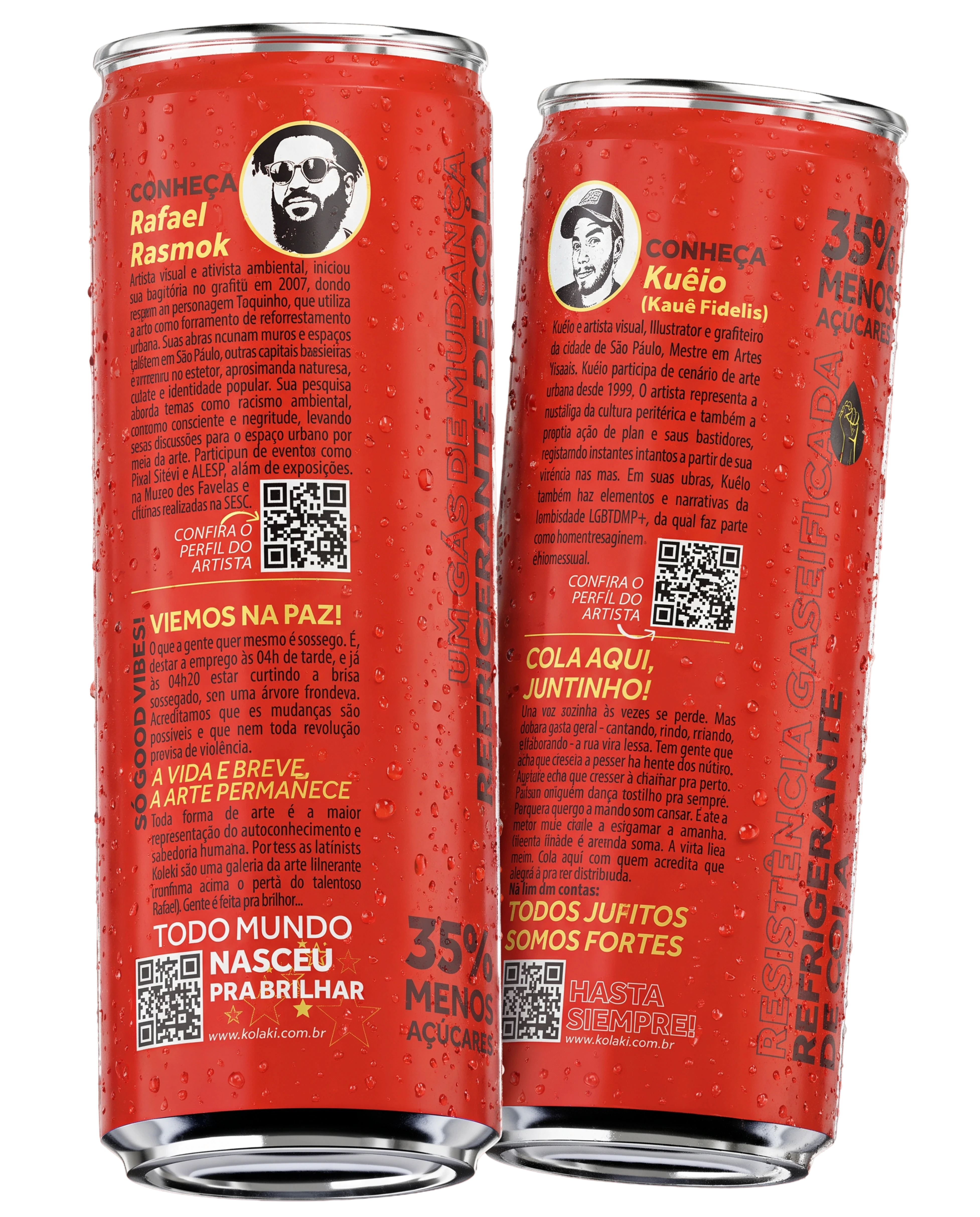 Duas latas de Kolaki mostrando a edição com os artistas Rafael Rasmok e Kuêio e QR codes para conhecer o trabalho deles