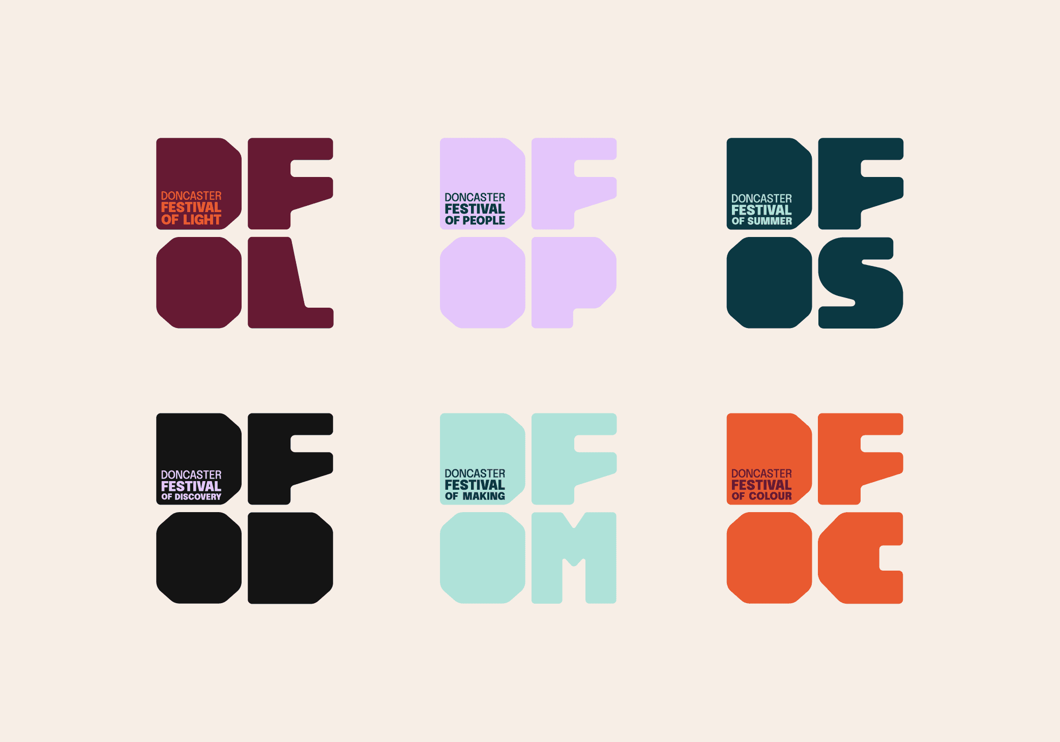 Six logos shown on one page with the different letters for each festival