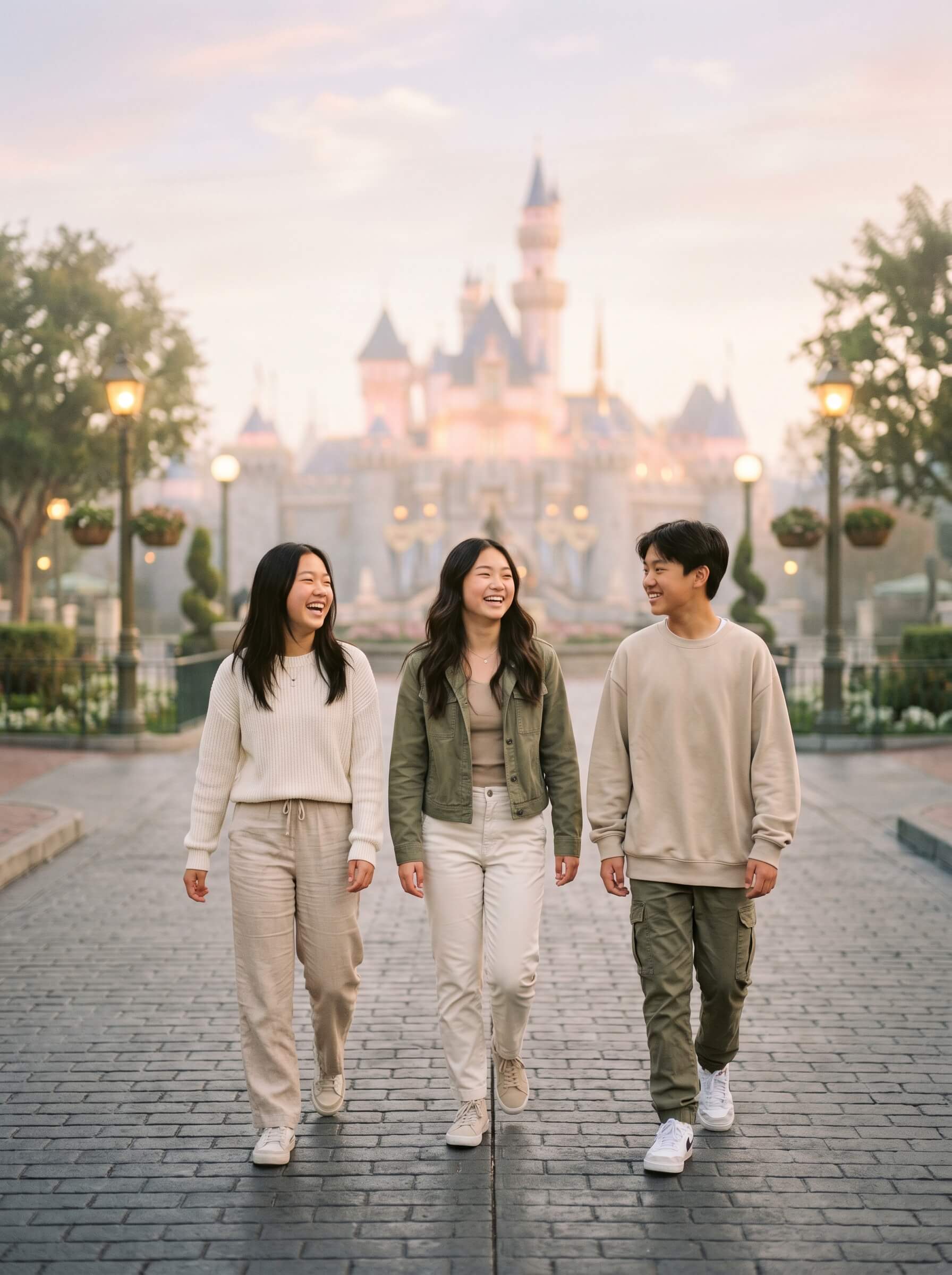 Three young adults walk toward the camera on a cobblestone path with a fairy tale castle in the background, surrounded by lush greenery and illuminated by soft evening lights, conveying a magical and joyful atmosphere.