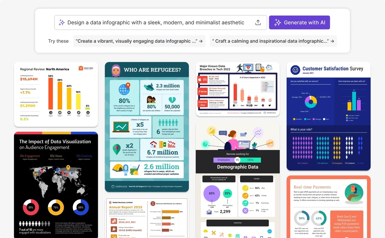 Screenshot of a free AI-powered data infographic generator showcasing various colorful infographic templates and a prompt bar.
