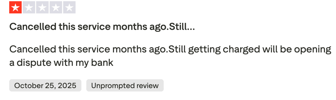 One-star review about being charged after cancelling service
