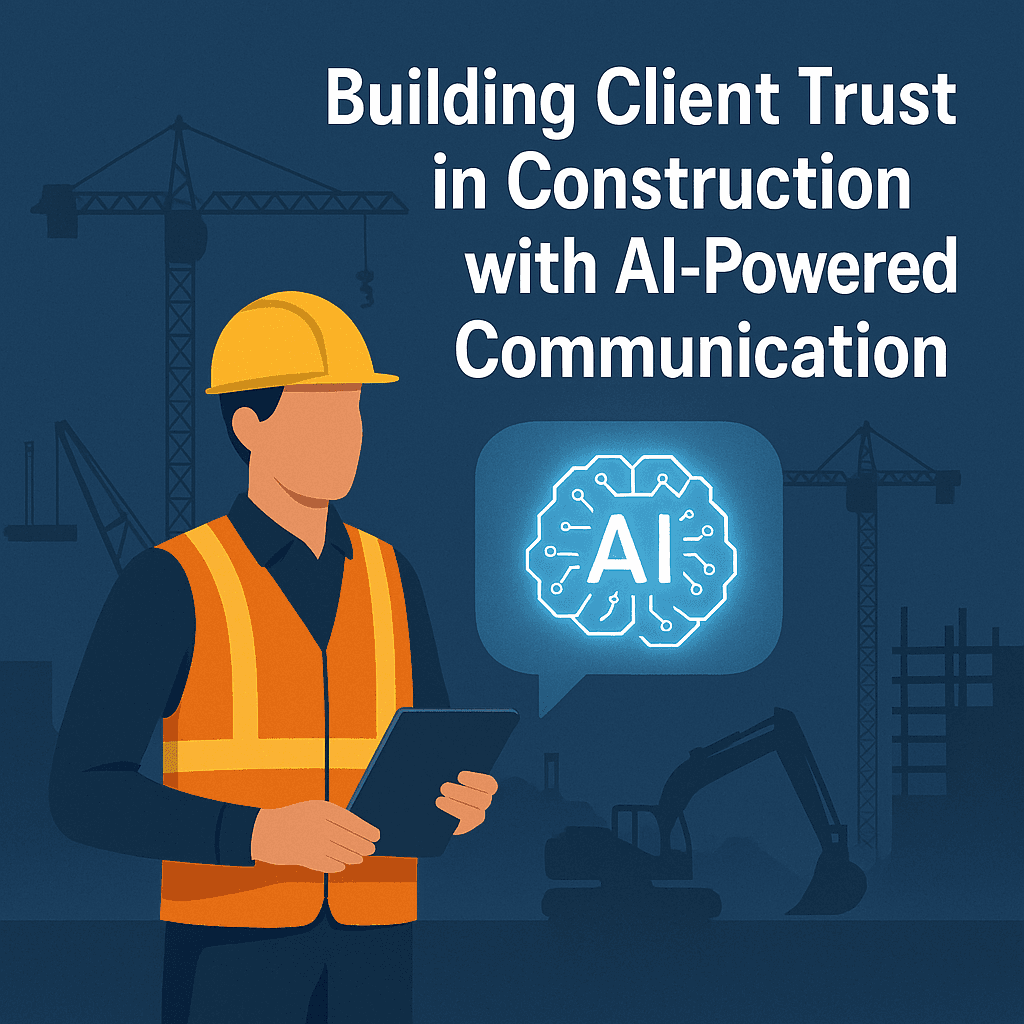 Illustration of a construction project manager in a hard hat and safety vest holding a tablet, standing next to a glowing AI speech bubble, with cranes and a construction site in the background. Text reads “Building Client Trust in Construction with AI-Powered Communication.”