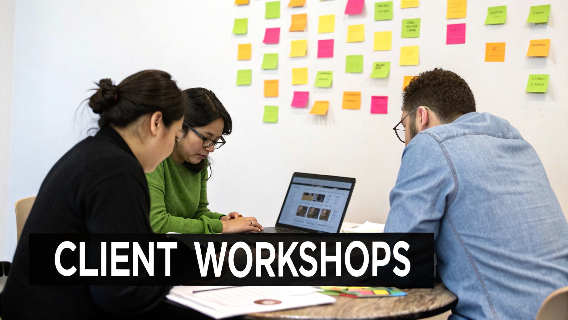 Three professionals collaborating at table with laptop and colorful sticky notes on wall during client workshop