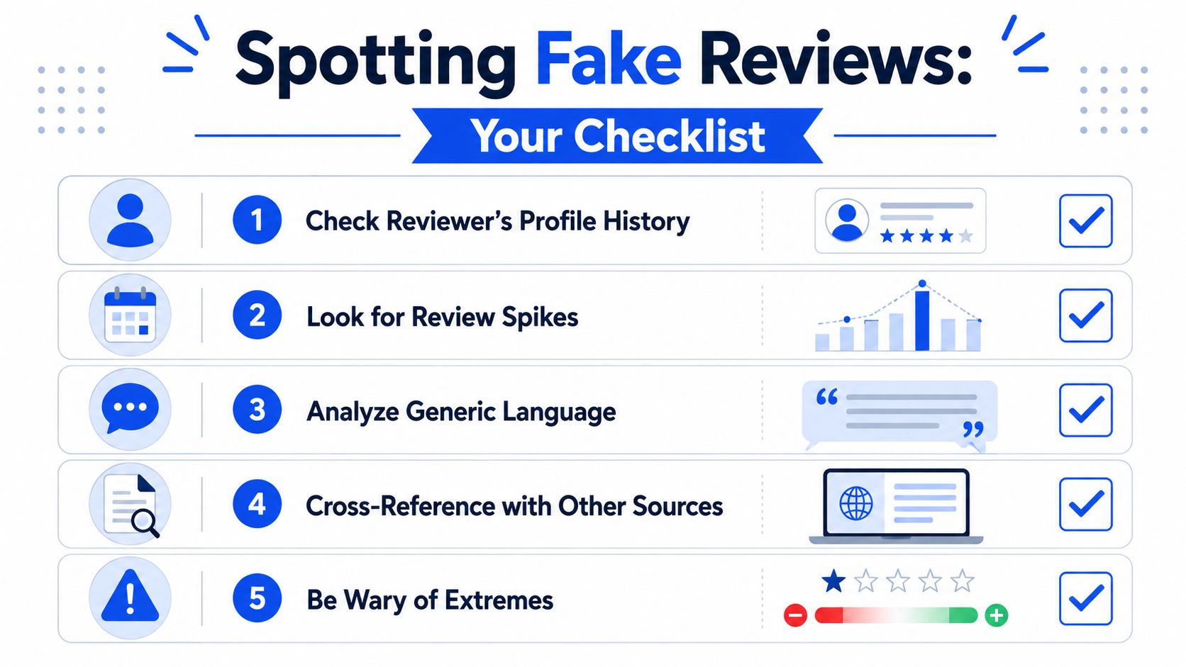 A five-point checklist infographic illustrating essential tips for identifying and spotting fake online product or service reviews.