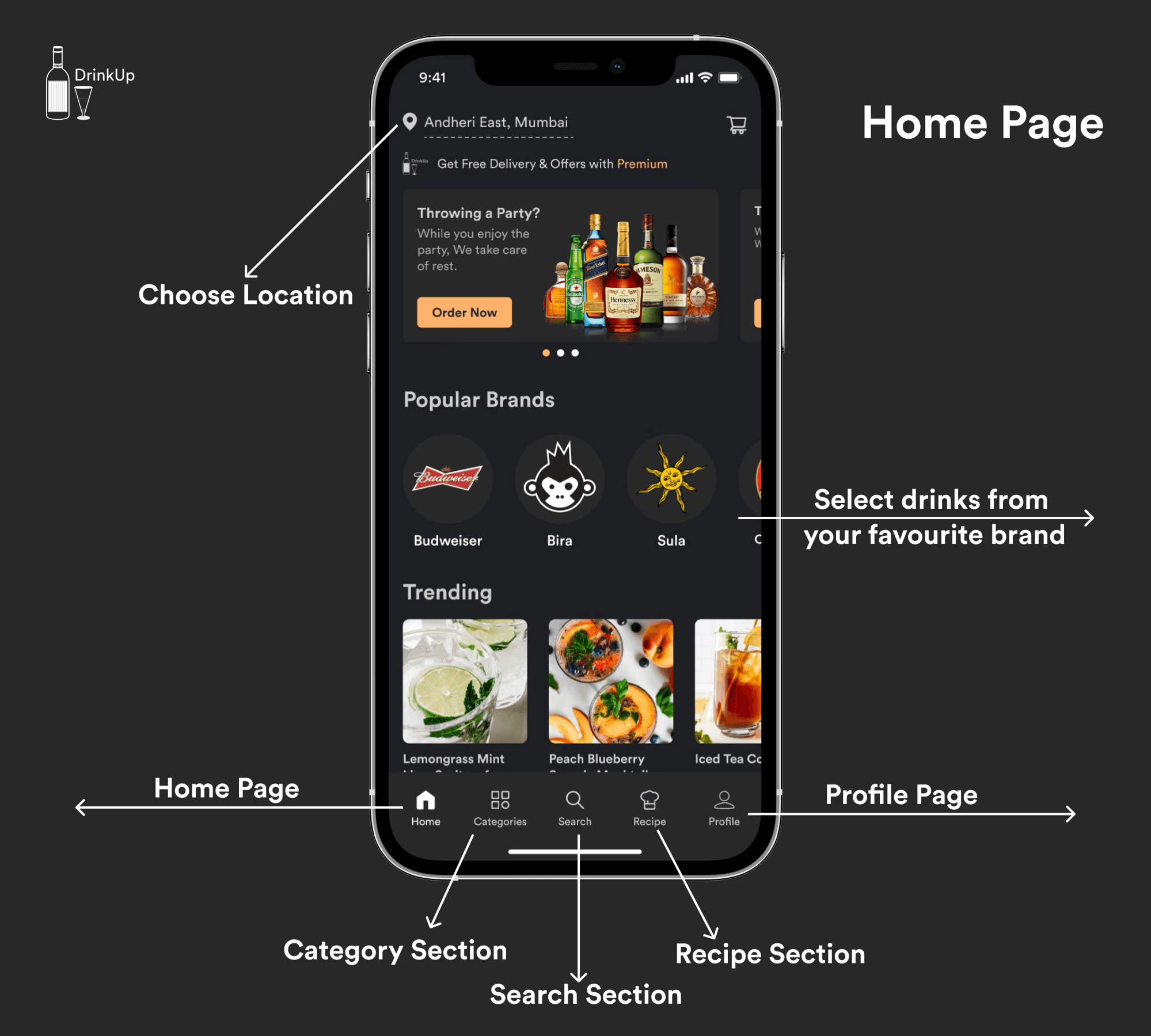Shows mobile mockups of version 1 for the Homepage, and filters on the app