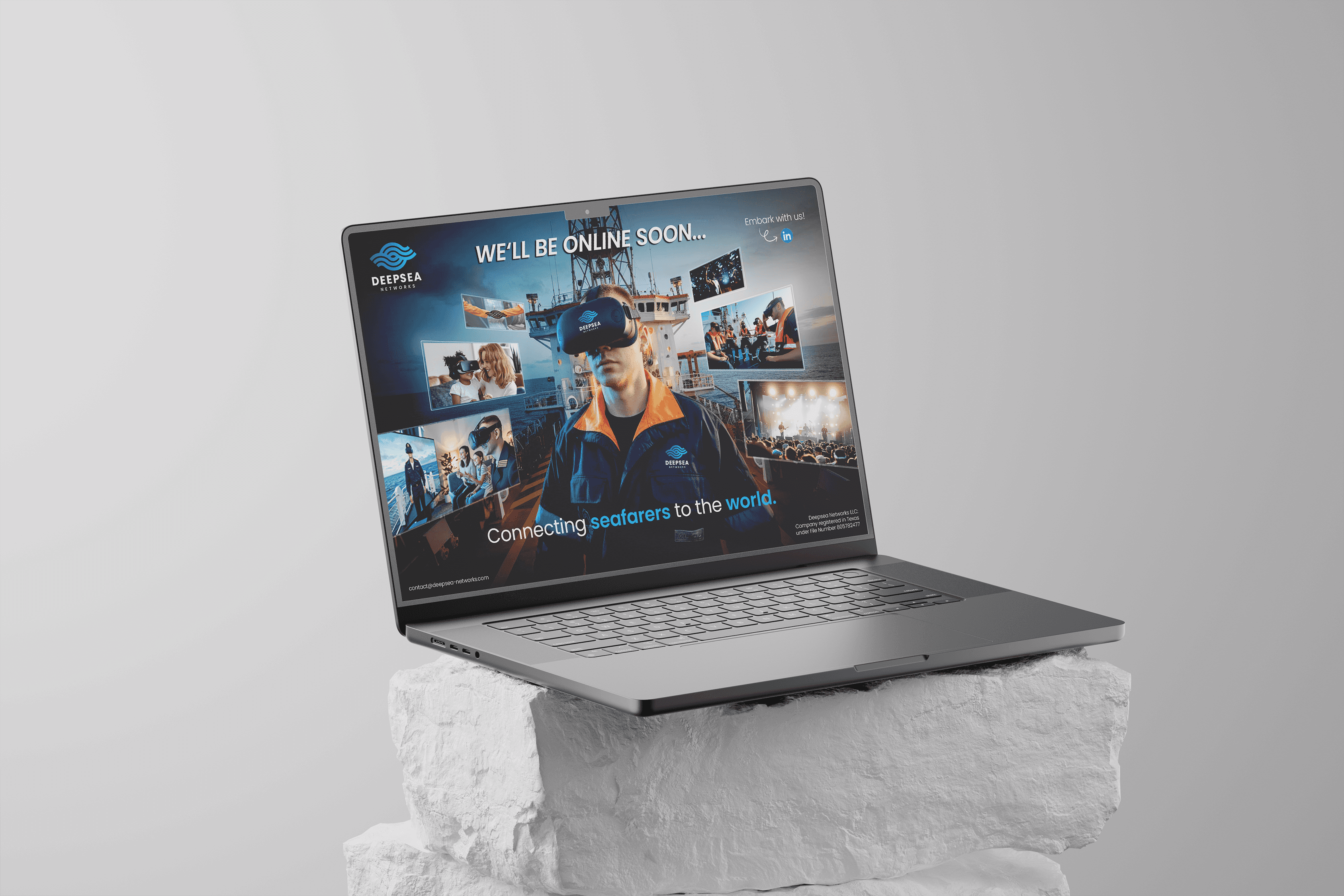 Landing page preview for Deepsea Networks, featuring seafarers and maritime technology with a focus on connectivity.