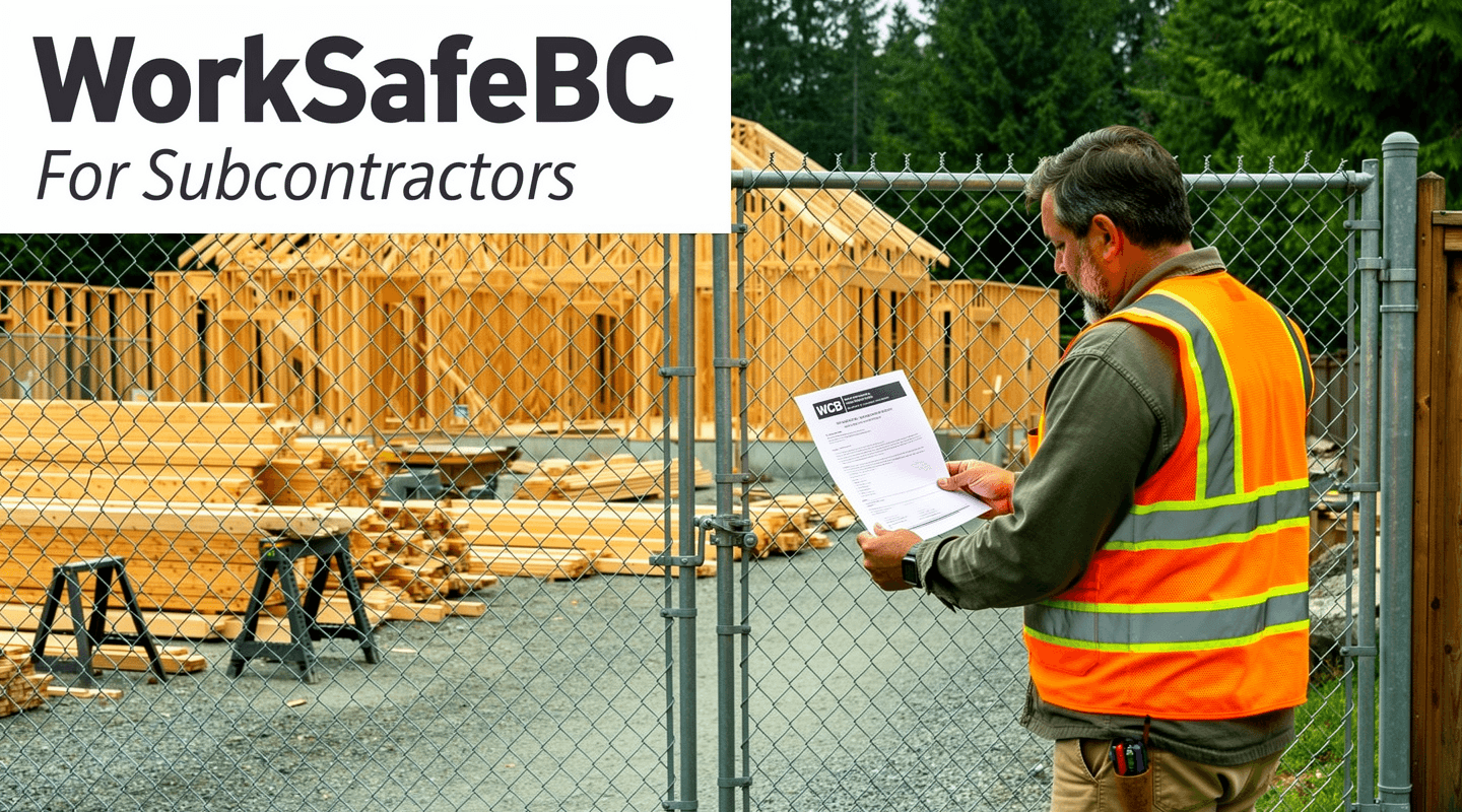 A BC tradesperson checking a WorkSafeBC clearance letter at a jobsite gate before being allowed onto a multi-employer construction site