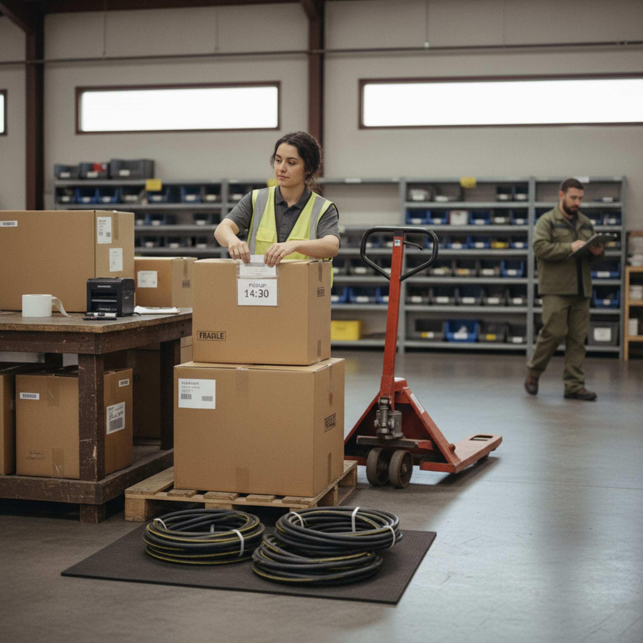 Im Warenausgang werden Kartons neu etikettiert, ein Teammitglied tauscht eine Karte mit aktualisierter Abholzeit. Daneben liegen fertig gebündelte Kabel und ein Handhubwagen wartet. Das helle Licht betont die Ruhe im Prozess, obwohl sich der Zeitplan gerade verschoben hat.