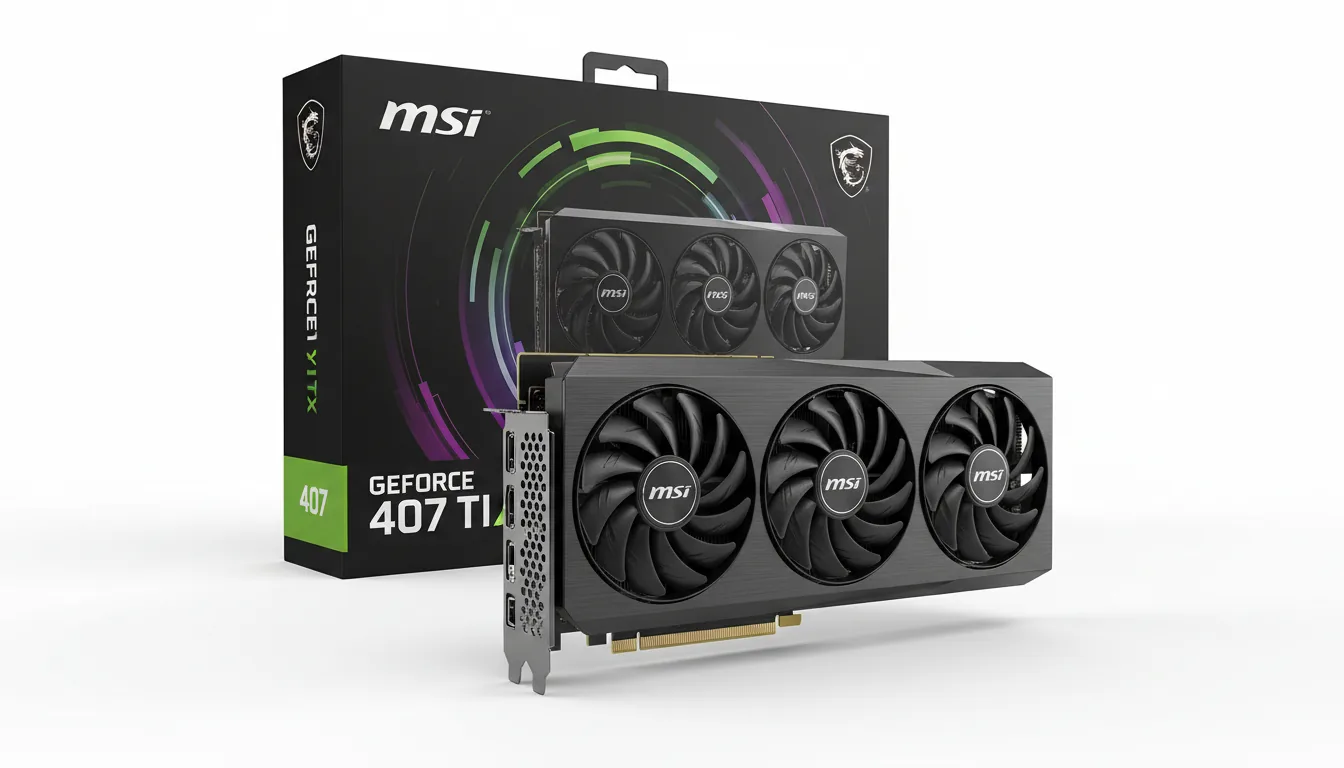 DSLR product photography of a modern MSI GeForce RTX 4070 Ti SUPER graphics card with its retail box, set against a clean, solid white background. The black, triple-fan GPU is in the foreground, shown at a three-quarters angle. Behind it, the black retail box with vibrant green and purple graphic accents and abstracted branding is also displayed at an angle. The scene is captured with soft studio lighting, showcasing the sharp details and metallic textures of the hardware.